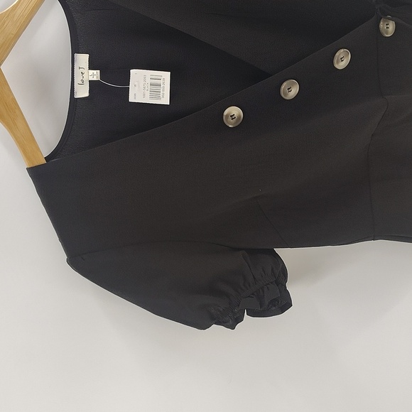 Love J Black Wrap Blouse With Button Detail Size Large Puff Short Sleeve - Picture 2 of 10